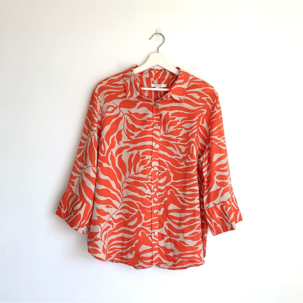 Chico’s Orange / Tan Leaf Print 100% Linen Button Up Shirt Top Size 3 / US 16 XL
